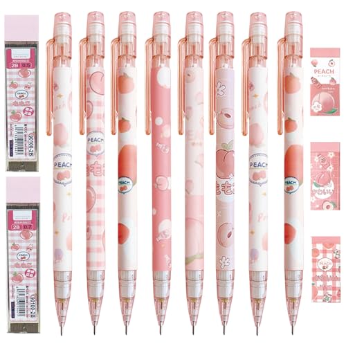 Cute Peach Mechanical Pencil Set Includes 0.5mm and 0.7mm Pencils with Lead Refills and Erasers, Pink Kawaii Mechanical Pencil for Women Girl Men Boy Office School Supplies (Peach) - color: Peach