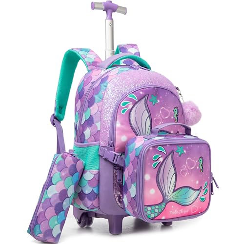 Meetbelify Mermaid Rolling Backpack for Girls Backpacks with Wheels for Elementary School Students Kids 3 in 1 Travel Luggage Suitcase with Lunch Box Pencil Case for Girls Age 8-10 - color: Mermaid 01