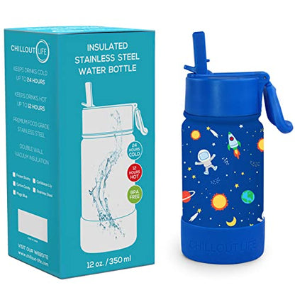 CHILLOUT LIFE 12oz Kids Insulated Stainless Steel Water Bottle with Leak Proof Straw Lid & 144 Stickers - color: Blue Space, style: 12 oz