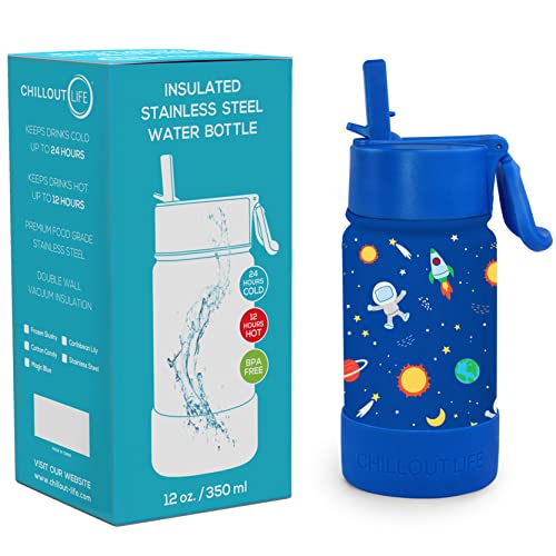 CHILLOUT LIFE 12oz Kids Insulated Stainless Steel Water Bottle with Leak Proof Straw Lid & 144 Stickers - color: Blue Space, style: 12 oz