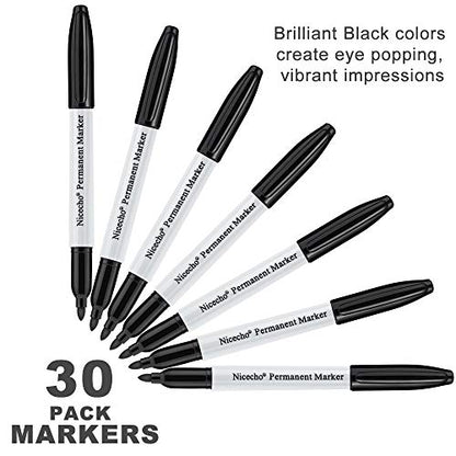 Nicecho Permanent Markers, Black Permanent Marker Pens, 30 Count Fine Point Basic Marker Set