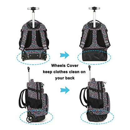 Tilami Rolling Backpack 18 inch Wheeled Backpack School College Student Travel Trip Boys and Girls - color: Colorful Leopard