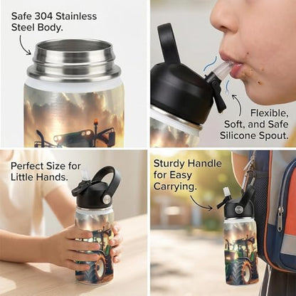 Tractor Kids Water Bottle 12oz Stainless Steel Insulated Bottle Vacuum Leak Proof Straw Lid with Double Wall BPA Free School (Color2) - color: Color2