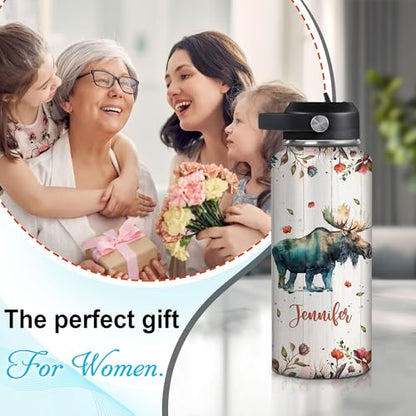 Hyturtle Personalized Moose Water Bottle - Travel Insulated Stainless Steel Bottle with Leak-Proof Lid 18oz 32oz - Cute Animal Gift for Women, Girls, Moose Lovers - Birthday & Christmas Gift - color: Moose