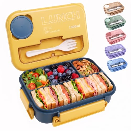Bento Box Adult Lunch Box, Lunch Containers for Adults 44 Oz,Yellow / Blue | BPA-Free, Lid-Top Sauce Tray, Leak-Proof, 1300mL, Removable Silicone Sealing Ring, Lid-Top Utensil Slot with Included Cutlery - color: Yellow / Blue