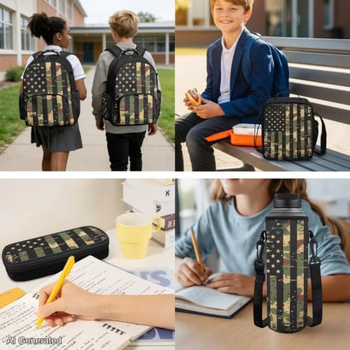 American Flag Backpack for Boys Camo Backpack and Lunch Box for School with Water Bottle Holder Large Pencil Case 4PCS Set Bookbag with Front Pocket As Back to School Birthdays Gifts - color: American Flag Camo