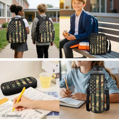 American Flag Backpack for Boys Camo Backpack and Lunch Box for School with Water Bottle Holder Large Pencil Case 4PCS Set Bookbag with Front Pocket As Back to School Birthdays Gifts - color: American Flag Camo