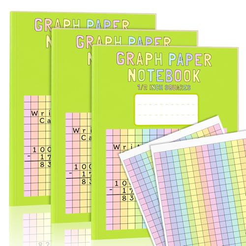 3 Pack 8.5×11 Colored Graph Paper Pad Math Graph Notebook Grid Paper 1/2 Inch Squares Large Quad Ruled Grid Composition Book Double Sided Graph Paper Colored Grid Notebook For Kids School Supplies