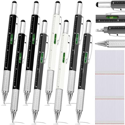 Zhanmai 8 Pcs 6 in 1 Multitool Pen Bulk Gift for Men Multi Tool Ballpoint Pen with Ruler Level Screwdriver Stylus Cool 20 Ink Refill Tool Gadget Birthday Christmas Stocking Stuffers (Black White Gray) - color: Black, White, Gray