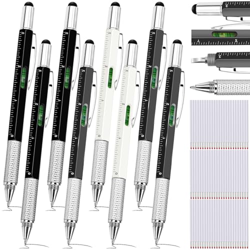 Zhanmai 8 Pcs 6 in 1 Multitool Pen Bulk Gift for Men Multi Tool Ballpoint Pen with Ruler Level Screwdriver Stylus Cool 20 Ink Refill Tool Gadget Birthday Christmas Stocking Stuffers (Black White Gray) - color: Black, White, Gray