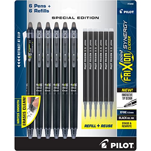 Pilot FriXion Synergy Clicker Erasable, Refillable, Retractable Gel Ink Pens, Extra Fine Point 0.5 mm, Pack of 12, Black, FriXion Erasable Pens 0.5 - Ideal for School & Office Writing - color: Black