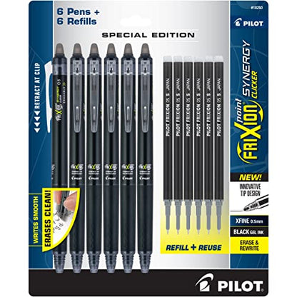 Pilot FriXion Synergy Clicker Erasable, Refillable, Retractable Gel Ink Pens, Extra Fine Point 0.5 mm, Pack of 12, Black, FriXion Erasable Pens 0.5 - Ideal for School & Office Writing - color: Black