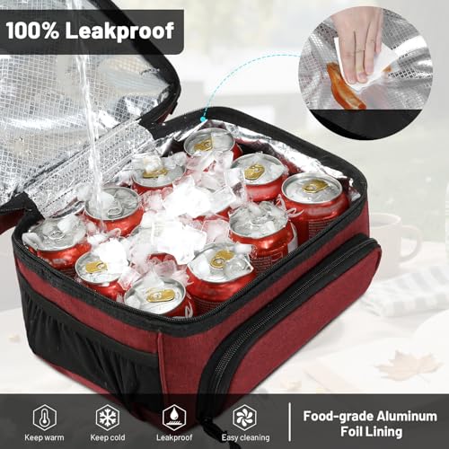 MIER Dual Compartment Lunch Bag Tote with Shoulder Strap for Men and Women Insulated Leakproof Cooler Bag, Dark Red - color: Dark Red
