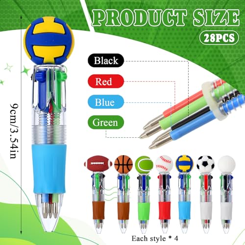 Scettar 28 Pack Sport Party Favors 4-in-1 Ballpoint Pens, 0.5mm Retractable Sport Theme Pens with Emotion Support Card for Sport Lover, Novelty Gifts Goodie Bags Stuffers(7 Style) - style: Sport Favors