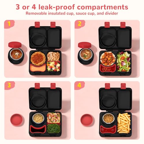 Bento Box for Kids, Leakproof Kids Bento Lunch Box Container with 8oz Insulated Thermo Food Jar, Sauce Jar, Utensil, DIY Stickers for School Boys Girls, 3-4 Compartments, BPA-Free - color: Black Red