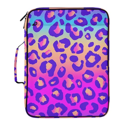 Neon Gradient Leopard Print Accordion File Organizer Expanding File Folder Zipper Binder 3 Ring with Handle 500 Sheets Capacity Document Organizer Storage Bag Multi Pockets Design