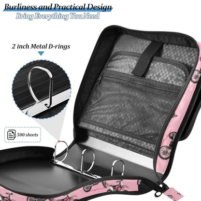 Fisyme Dirt Bike Motocycles Zipper Binder 3 Ring with Zipper and Shoulder Strap Large Capacity Multi-Pocket Binder Organizer - color: Multi-light Pinks