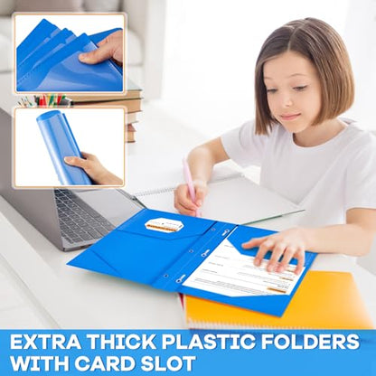 Henoyso 18 Pcs Plastic Folder with Clear Front Pocket and 3 Prong Plastic Folders with Card Slot Pocket Folders with Prongs for School Office (Blue) - color: Blue