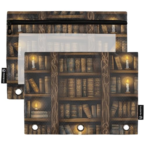 Studying 2 Pack Retro Mysterious Multi-storied Bookshelf 3 Ring Binder Pencil Pouch Bags,Clear Window Zipper Storage Case for Boys Girls School Office Supplies Cosmetics Organizers - color: Multi-books