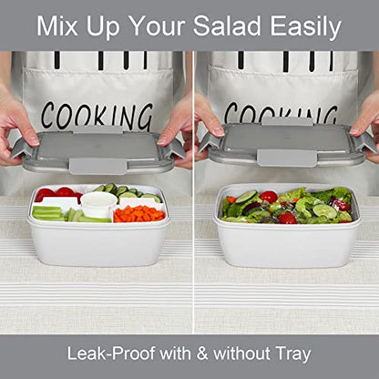 Caperci Large Salad Container for Lunch - Better Adult Bento Lunch Box 68 oz, 5-Compartment Tray, 2pcs 3-oz Sauce Cups, Stackable, BPA-Free (Gray) - color: Gray