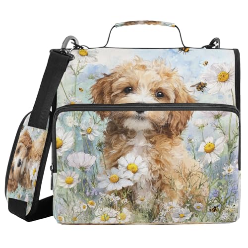 Watercolor Puppy Dog Wildflower Bees Zipper Binder 3 Ring with Shoulder Strap 2 Inch Binder Holds 500 Sheets Multi-Pocket Organizer Zipper Binders Organizer for School Students Office - color: Multicolored.14