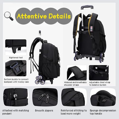 Bansusu Kids Rolling Backpack for Boys School, Classic School Bag Roller Boys Backpack with 6 Wheels, Dark-blue - color: 6 Wheels-dark-blue, style: 6 Wheels