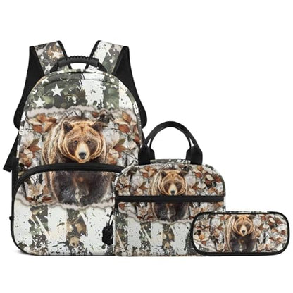 American Flag Bear Bookbags 3 in 1 School Backpack Set with Lunch Box Pencil Case 3PCS 17 Inch Teens Schoolbag for Middle High School Students - color: American Flag Bear