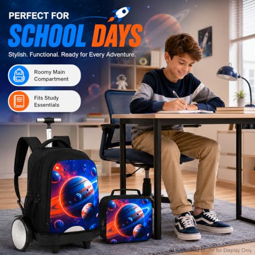 gxtvo Large Wheels & Quiet Glide | Rolling Backpack for Kids - Water-Resistant Wheeled Bag with Lunch Box for School, Travel & Outings - Space Planets - color: Rolling Backpack Space Planets Black
