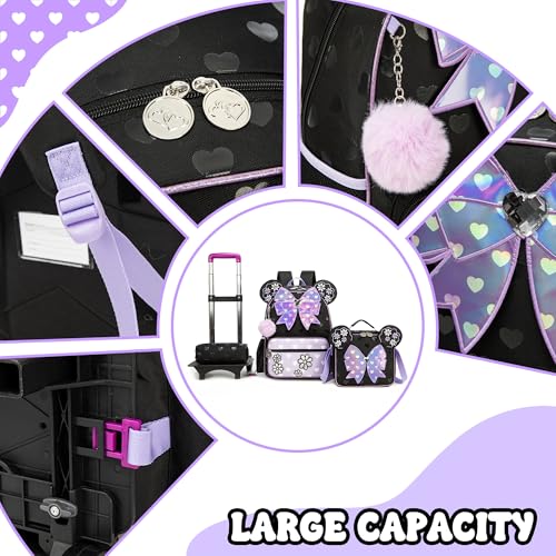 Meetbelify Girls Rolling Backpack with Wheels Kids Wheels Backpack for Girls - color: Bowknot Purple