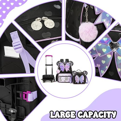Meetbelify Girls Rolling Backpack with Wheels Kids Wheels Backpack for Girls - color: Bowknot Purple