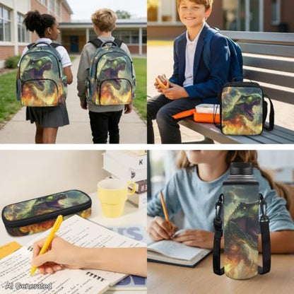 Cool Dinosaur Backpack for Kids 5-7 Boys Backpack with Lunch Box Water Bottle Carrier with Strap and Soft Pencil Case Elementary 4PCS Set Bookbag Front Side Pocket 17 inch School Bag - color: Cool Dinosaur