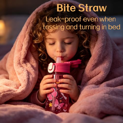 Flip, Bite and Sip 3-in-1 Straw Kids Water Bottle, Leak-proof, 13oz | Sturdy and Drop-resistant, with Handle, BPA Free, Dishwasher Safe, Perfect for School, Travel, and Home - color: Butterfly