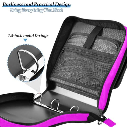 3 Rings 1.5 inch Binder with Extra Pockets with Shoulder Strap Laege Capacity Documents Files Storage Bag for Middle School Fuchsia - color: Fuchsia