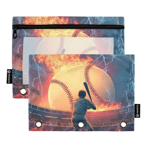 Binder Pouches Baseball Fire Pencil Pouch for 3 Ring Binder 2 Pack Clear Pencil Bag with Zipper for Office School Supplies - color: Multicolored 1