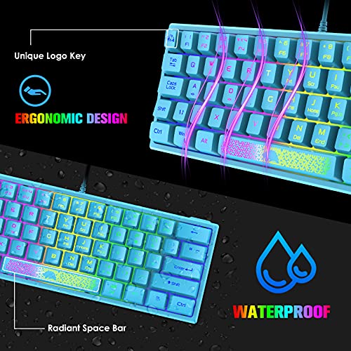Gaming Keyboard and Mouse Combo Mini Portable with Chroma RGB Backlit Ergonomic 62Key Layout 19Key Anti-ghosting Mechanical Feel 3200DPI Honeycomb Mice USB Wired for PC Mac Gamer Laptop Typists(Blue)