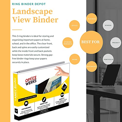 8.5" X 11" Landscape View Binder, 3-Ring 1.5 Inch Capacity Round Ring, White Horizontal Formatted with Clear Cover Pockets for Documents, Spreadsheets, Projects and More (Pack of 2) - size: 1.5 Inch (Pack of 2)