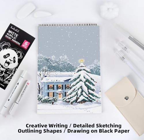 6Pcs White Acrylic Ink Pens for Black Paper– Fine Point White Gel Pens, Long Nib Marker, Dual-Tip Opaque Paint Pen, Brush Tip Acrylic Markers for Drawing, Sketching, Illustration, Card Making
