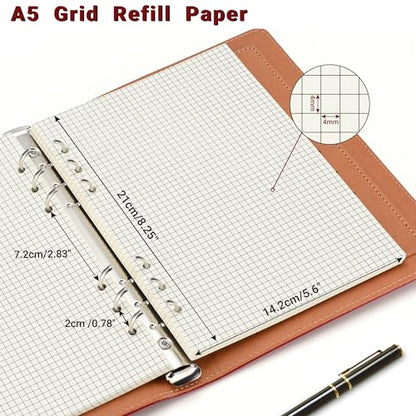 Beige A5 6-Hole Grid-Ruled Loose Leaf Refill Paper(Pre-Punched) Fits A5 6-Ring Binder, 100GSM Thick No Bleed-through Sheets, Double Sided Writing for Fountain Pen & Gel Pen - size: Grid-A5