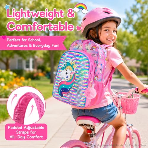 gxtvo 3PCS Girls Backpack, 16" Sequin Prechool Elementary Bookbag and Lunch Box - color: Unicorn Pink