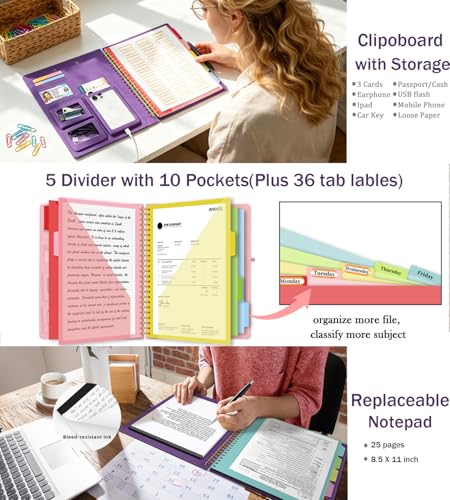 Purple Foldable Spiral Clipboard Folio with Storage Zipper Pouch, 5 Plastic Folders with Pockets,Refillable Lined Notepad (8.5" x 11"), Hardcover Project Organizer with 36 Stickers - color: Purple