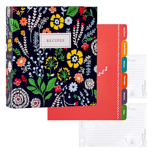 Jot & Mark 8.5"" x 9.5"" 3 Ring Recipe Binder with 50 Matching 4x6 inch | 50 Recipe Cards + 25 Sleeve Protectors + 5 Full-Page Sleeves + 6 Tabs | 8.5x9.5 | Pinwheel Floral - color: Pinwheel Floral, size: 8.5" x 9.5"