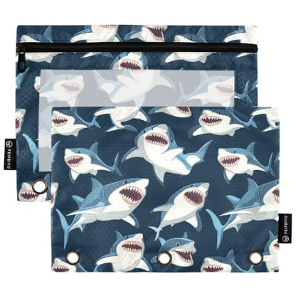 Gredecor 3 Ring Binder Pencil Pouch, Cartoon Sharks Big Mouth Zippered Pen Case Pouches with Clear Window, 2 Pack Stylish Office & School Supplie - color: Cartoon Sharks Big Mouth