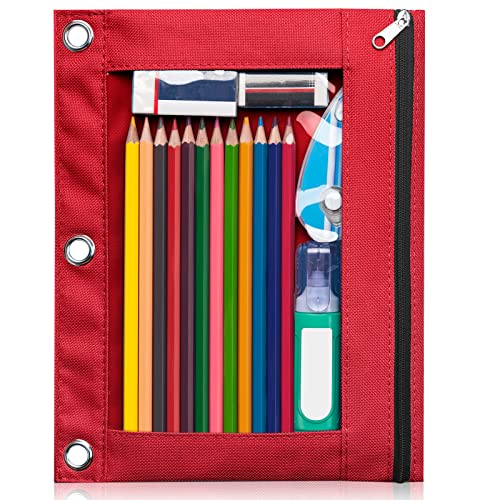 Forvencer Pencil Pouch for 3 Ring Binder, Clear Window Pencil Case with Smooth Zipper, Big Capacity 3 Ring Binder Pencil Bag with 3 Reinforced Grommets, Bright Red - color: Bright Red, size: 1 Pack