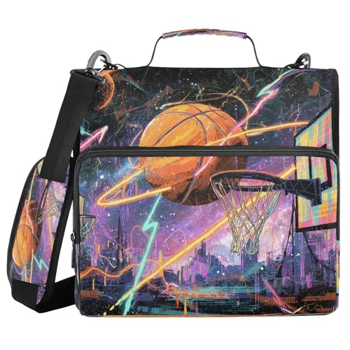 Glowing Basketball Neon Lightning Zipper Binder 3 Ring with Shoulder Strap 2 Inch Binder Holds 500 Sheets Multi-Pocket Organizer Zipper Binders Organizer for School Students Office - color: Multicolored.11