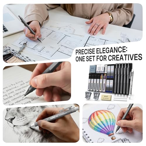 WUO Metal Mechanical Pencil Set, 5-Pack 0.3mm 0.5mm 0.7mm 0.9mm 2.0mm Drafting Pencils with 312 Lead Refills, Precision Eraser Pen, Erasers & Sharpeners for Drawing, Sketching, Writing - color: Grey, size: 0.3/0.5/0.7/0.9/2.0