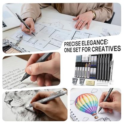 WUO Metal Mechanical Pencil Set, 5-Pack 0.3mm 0.5mm 0.7mm 0.9mm 2.0mm Drafting Pencils with 312 Lead Refills, Precision Eraser Pen, Erasers & Sharpeners for Drawing, Sketching, Writing - color: Grey, size: 0.3/0.5/0.7/0.9/2.0