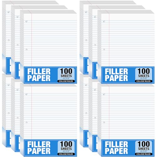 Fulmoon 12 Pcs 8" x 10-1/2" College Ruled Loose Leaf Paper 3 Hole Punched Notebook Paper 100 Sheets Per Pack, 56 Gsm, Filler Paper for Adults Students Binder College School - size: College Ruled