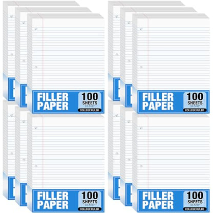 Fulmoon 12 Pcs 8" x 10-1/2" College Ruled Loose Leaf Paper 3 Hole Punched Notebook Paper 100 Sheets Per Pack, 56 Gsm, Filler Paper for Adults Students Binder College School - size: College Ruled