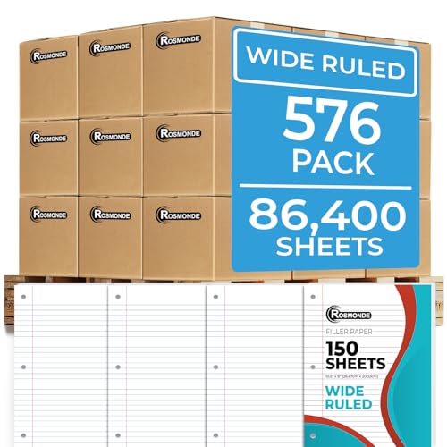 Rosmonde 576 Pack (Pallet) Loose Leaf Paper Bulk, 86400 Sheets, Wide Ruled, Pallet of Filler Paper, 150 Sheets/Pack, 8 x 10.5", 3 Hole Punched, Filler Notebook Paper, School & Office, 4-7 Days Transit - color: Wide Ruled, size: Express Pallet (86K Sheets)