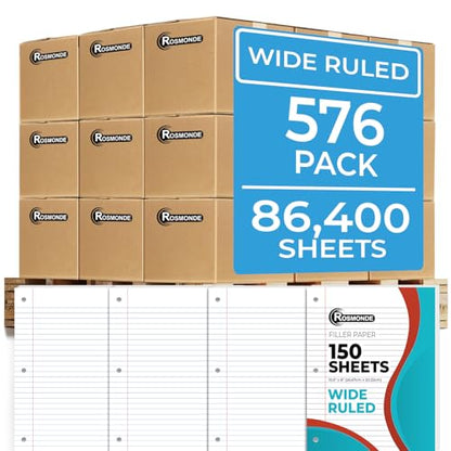 Rosmonde 576 Pack (Pallet) Loose Leaf Paper Bulk, 86400 Sheets, Wide Ruled, Pallet of Filler Paper, 150 Sheets/Pack, 8 x 10.5", 3 Hole Punched, Filler Notebook Paper, School & Office, 4-7 Days Transit - color: Wide Ruled, size: Express Pallet (86K Sheets)